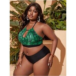 2XL Plus size 3-pc Green Print Halter Stretch Bikini Swimsuit & Beach Skirt